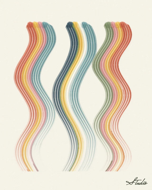Comb squiggles: Dabs of paint pulled from top to bottom with the comb in squiggles, so the colours stand up in ridges that wiggle down the page.
