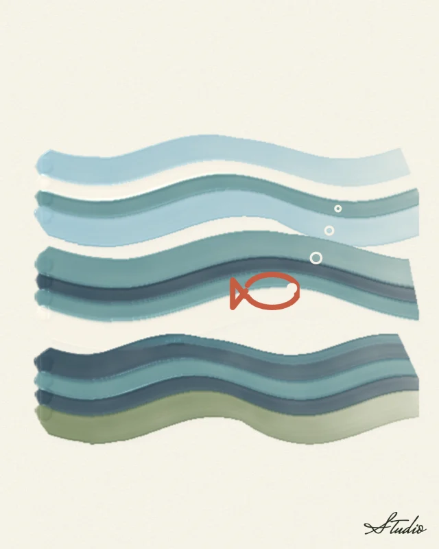 Ocean: Three bands of sea pulled sideways in waves, the card turned upright and steered along each wave, then a fish and bubbles drawn on top with the pen.