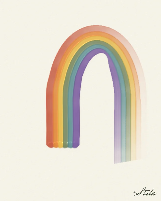 Rainbow arc: Dots of paint in rainbow order along the bottom half of the paper, dragged into an arc with one pull.