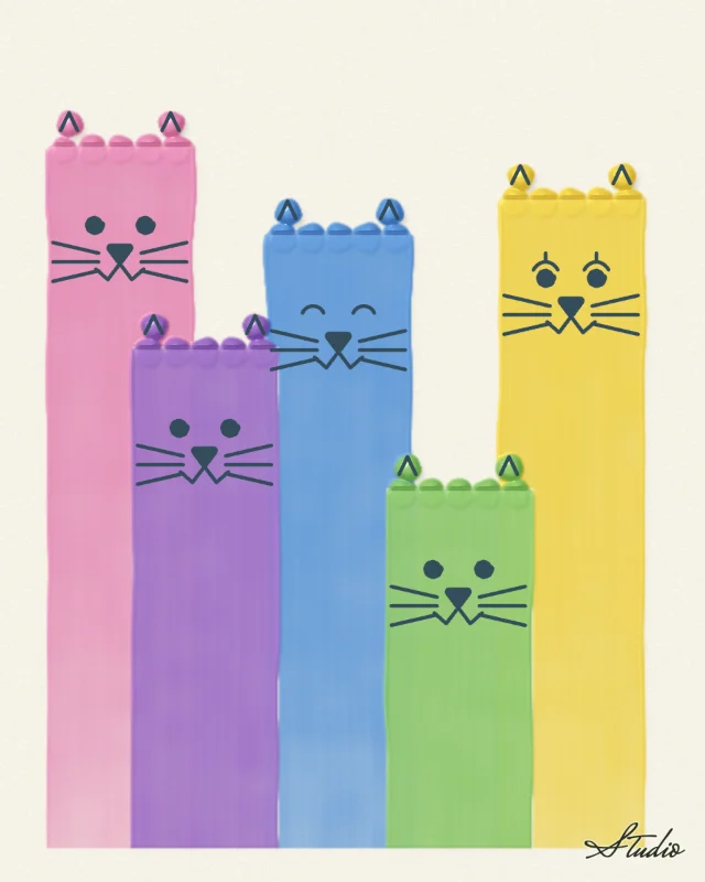 Rainbow cats: Five tall cats, each one row of a single colour pulled straight down from its head to the bottom of the paper, two small dollops for ears, and faces drawn with the pen. The front cats are pulled over the back ones, the card scraping the back paint away so each sits cleanly in front.