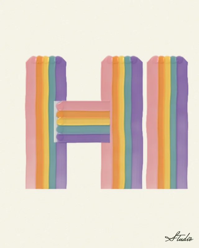 Rainbow letters: Each stroke of the letters is one straight pull through a row of pink, orange, yellow, blue and violet; the crossbar is pulled sideways with the card turned upright.