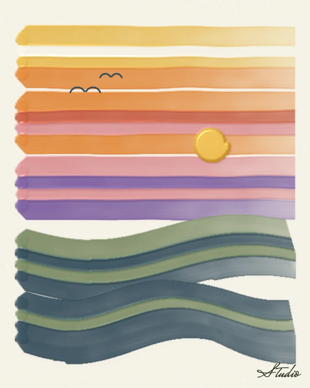 Sunset hills: Bands of sky pulled sideways from yellow at the top through orange and pink to violet, a sun squeezed in a spiral, then dark hills pulled across in a gentle wave.